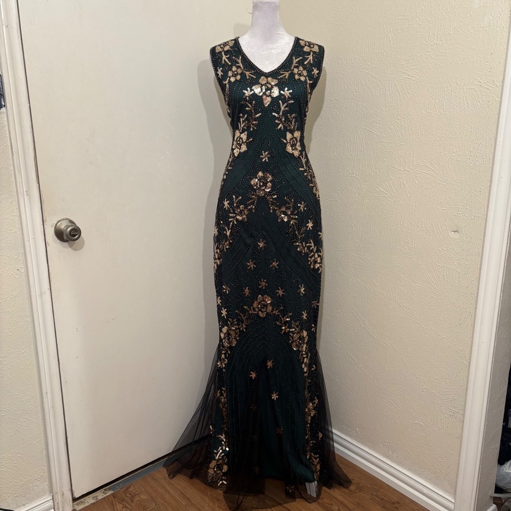 Fundaisy Emerald Green Gold Sequin Beaded Mermaid Gown Floor Length Dress M